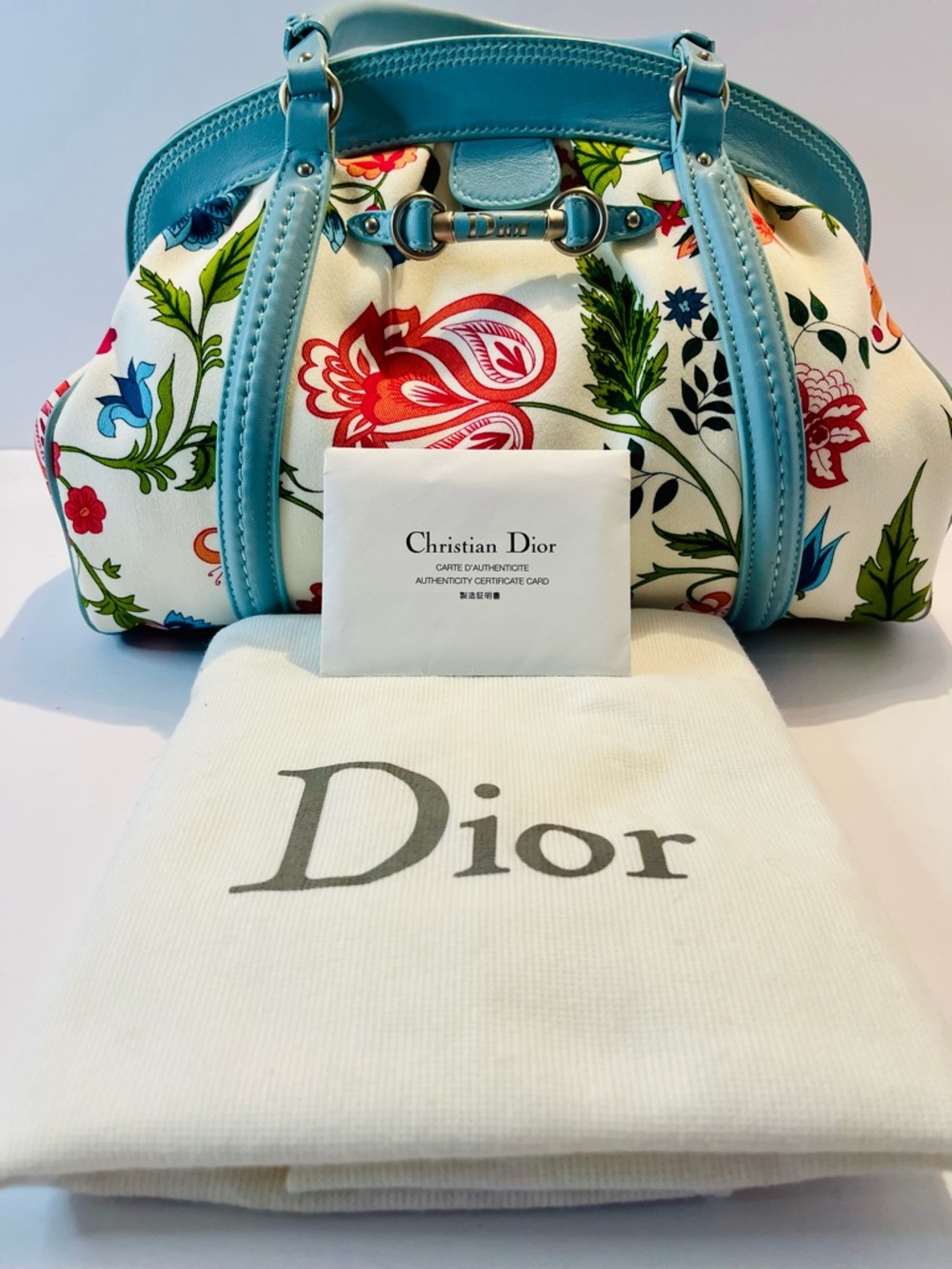 Authentic Christian Dior Floral Canvas Boston Bag Blue Leather Trim w/ Dust Bag